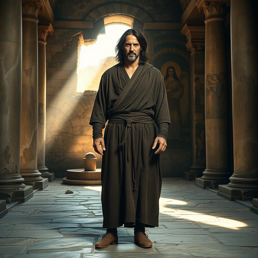 A proud medieval warrior monk resembling Keanu Reeves stands confidently on the floor of a ruined ancient monastic temple