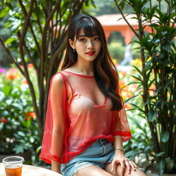 A stunning Thai woman with soft Korean bangs, wearing a charming outfit consisting of a sheer light red top with a cosmic pattern and stylish ripped denim shorts