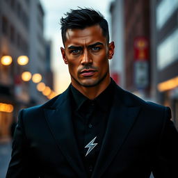 A tall, athletic man with bronze skin and glowing blue eyes