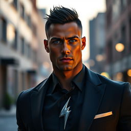 A tall, athletic man with bronze skin and glowing blue eyes