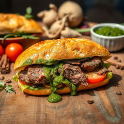 A delicious sandwich featuring roasted wild boar, beautifully presented, with a generous layer of vibrant green ghormeh sabzi sauce dripping from the sides