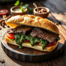A delicious sandwich featuring roasted wild boar, beautifully presented, with a generous layer of vibrant green ghormeh sabzi sauce dripping from the sides