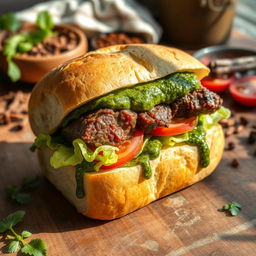 A delicious sandwich featuring roasted wild boar, beautifully presented, with a generous layer of vibrant green ghormeh sabzi sauce dripping from the sides