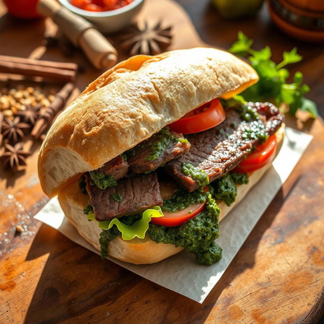 A delicious sandwich featuring roasted wild boar, beautifully presented, with a generous layer of vibrant green ghormeh sabzi sauce dripping from the sides