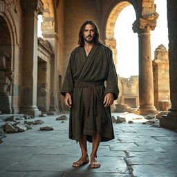 A proud medieval blind warrior monk, barefoot and resembling Keanu Reeves, stands confidently on the floor of a ruined ancient monastic temple