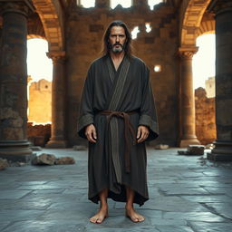 A proud medieval blind warrior monk, barefoot and resembling Keanu Reeves, stands confidently on the floor of a ruined ancient monastic temple