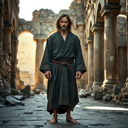 A proud medieval blind warrior monk, barefoot and resembling Keanu Reeves, stands confidently on the floor of a ruined ancient monastic temple