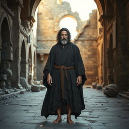 A proud medieval blind warrior monk, barefoot and resembling Keanu Reeves, stands confidently on the floor of a ruined ancient monastic temple