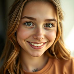 A close-up of a young woman around 25 years old with a radiant face and genuine smile