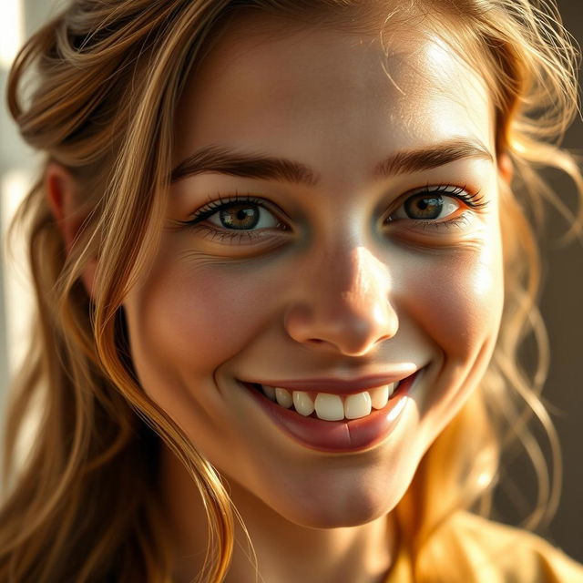 A close-up of a young woman around 25 years old with a radiant face and genuine smile