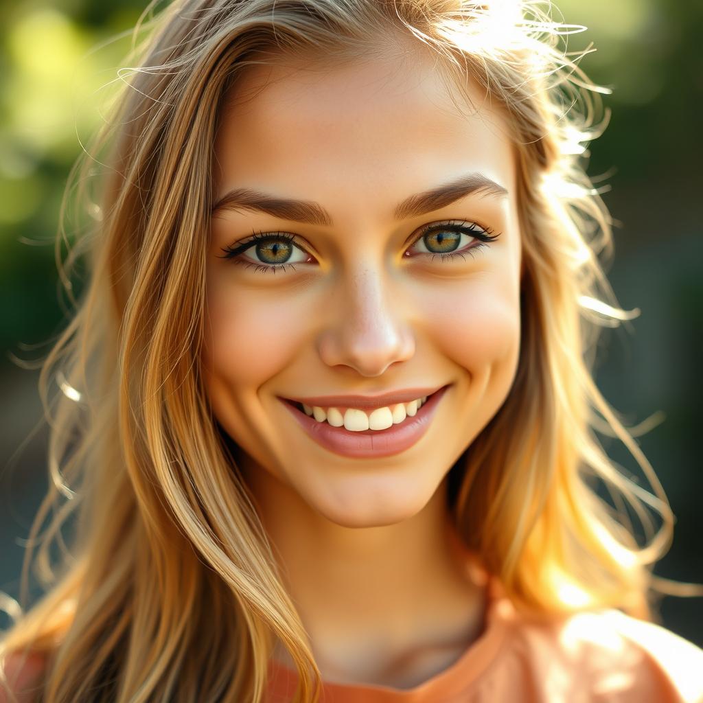 A close-up of a young woman around 25 years old with a radiant face and genuine smile