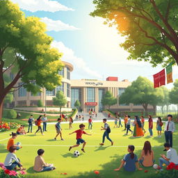 A vibrant and lively scene depicting the fictional Nikan High School in Iran