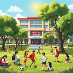 A vibrant and lively scene depicting the fictional Nikan High School in Iran