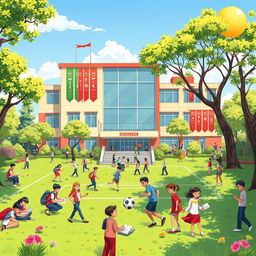 A vibrant and lively scene depicting the fictional Nikan High School in Iran