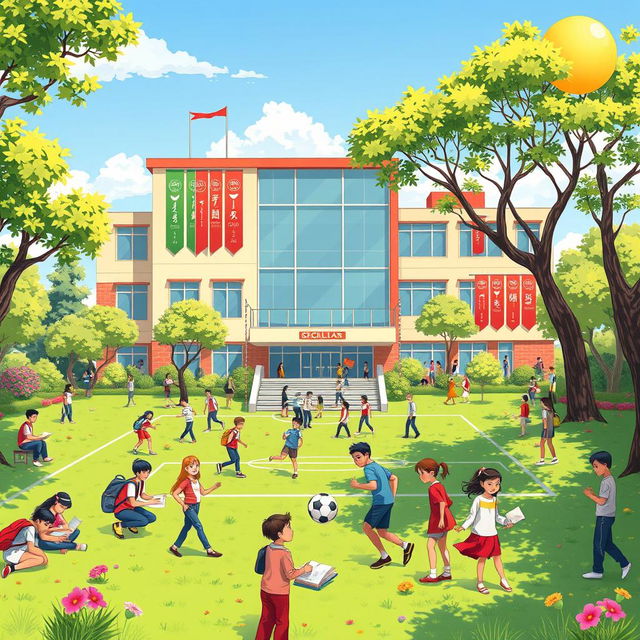 A vibrant and lively scene depicting the fictional Nikan High School in Iran