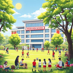 A vibrant and lively scene depicting the fictional Nikan High School in Iran