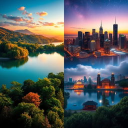 A fantastical landscape merging a serene lakeside view on the left with a vibrant city skyline on the right
