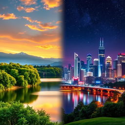 A fantastical landscape merging a serene lakeside view on the left with a vibrant city skyline on the right