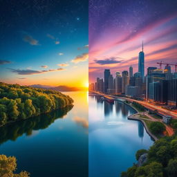 A fantastical landscape merging a serene lakeside view on the left with a vibrant city skyline on the right