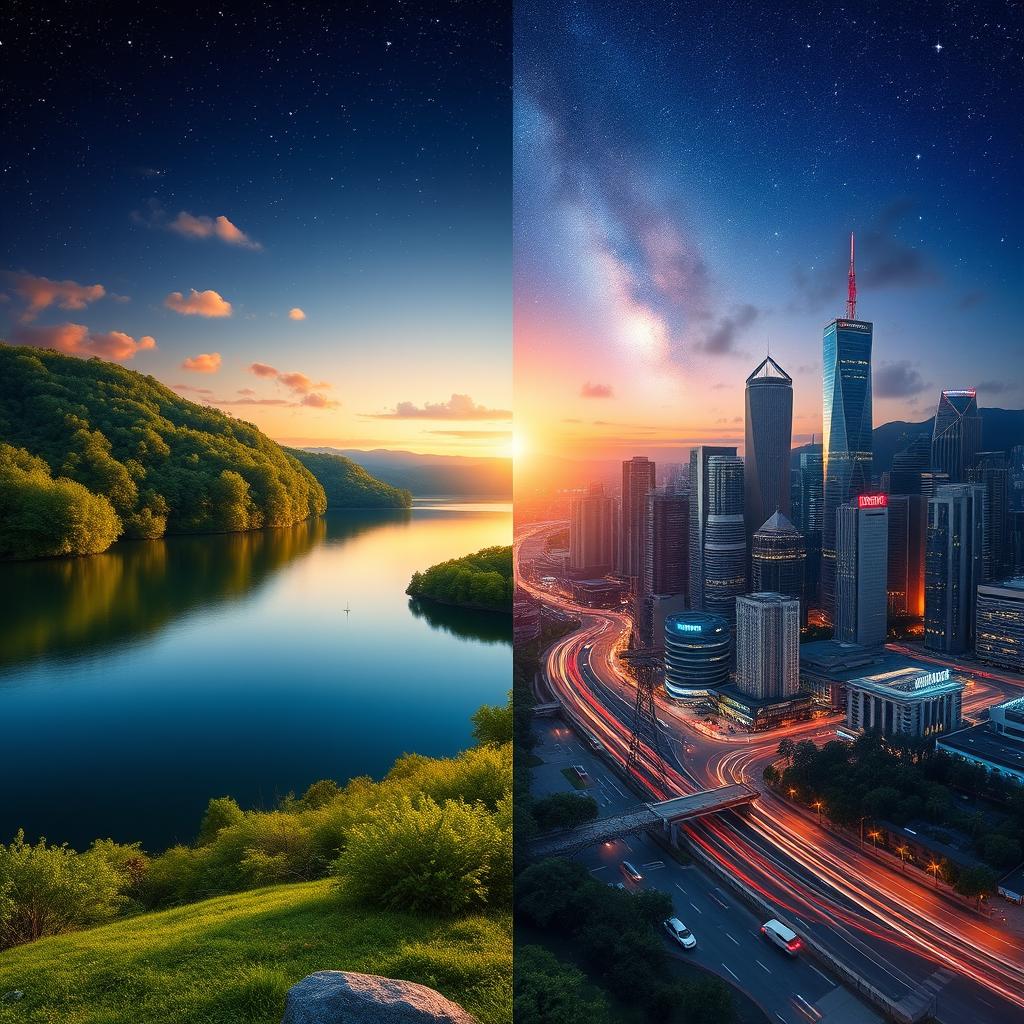 A fantastical landscape merging a serene lakeside view on the left with a vibrant city skyline on the right