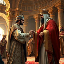 A majestic scene featuring an Arab king bowing respectfully while kissing the hand of Cyrus the Great, the legendary Persian king