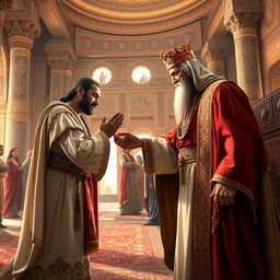 A majestic scene featuring an Arab king bowing respectfully while kissing the hand of Cyrus the Great, the legendary Persian king