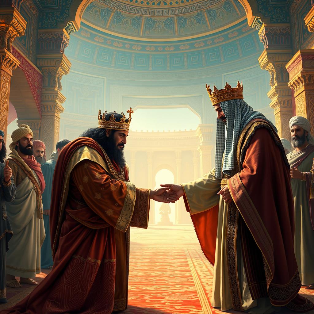 A majestic scene featuring an Arab king bowing respectfully while kissing the hand of Cyrus the Great, the legendary Persian king