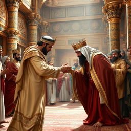 A majestic scene featuring an Arab king bowing respectfully while kissing the hand of Cyrus the Great, the legendary Persian king