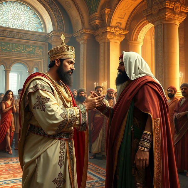 A captivating scene depicting an Arab king reverently kissing the hand of Cyrus the Great, the iconic Persian monarch