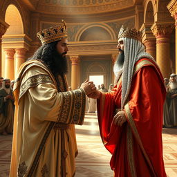 A captivating scene depicting an Arab king reverently kissing the hand of Cyrus the Great, the iconic Persian monarch
