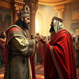 A captivating scene depicting an Arab king reverently kissing the hand of Cyrus the Great, the iconic Persian monarch