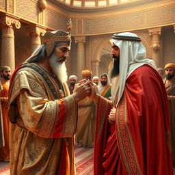 A captivating scene depicting an Arab king reverently kissing the hand of Cyrus the Great, the iconic Persian monarch