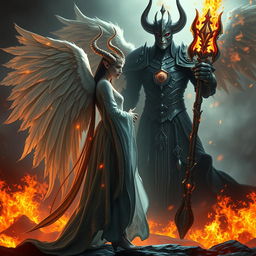An enchanting scene featuring a tiefling angel, with striking horns and ethereal wings, standing gracefully in a celestial environment