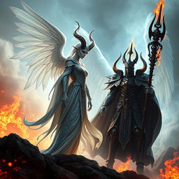An enchanting scene featuring a tiefling angel, with striking horns and ethereal wings, standing gracefully in a celestial environment