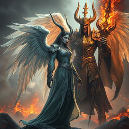 An enchanting scene featuring a tiefling angel, with striking horns and ethereal wings, standing gracefully in a celestial environment