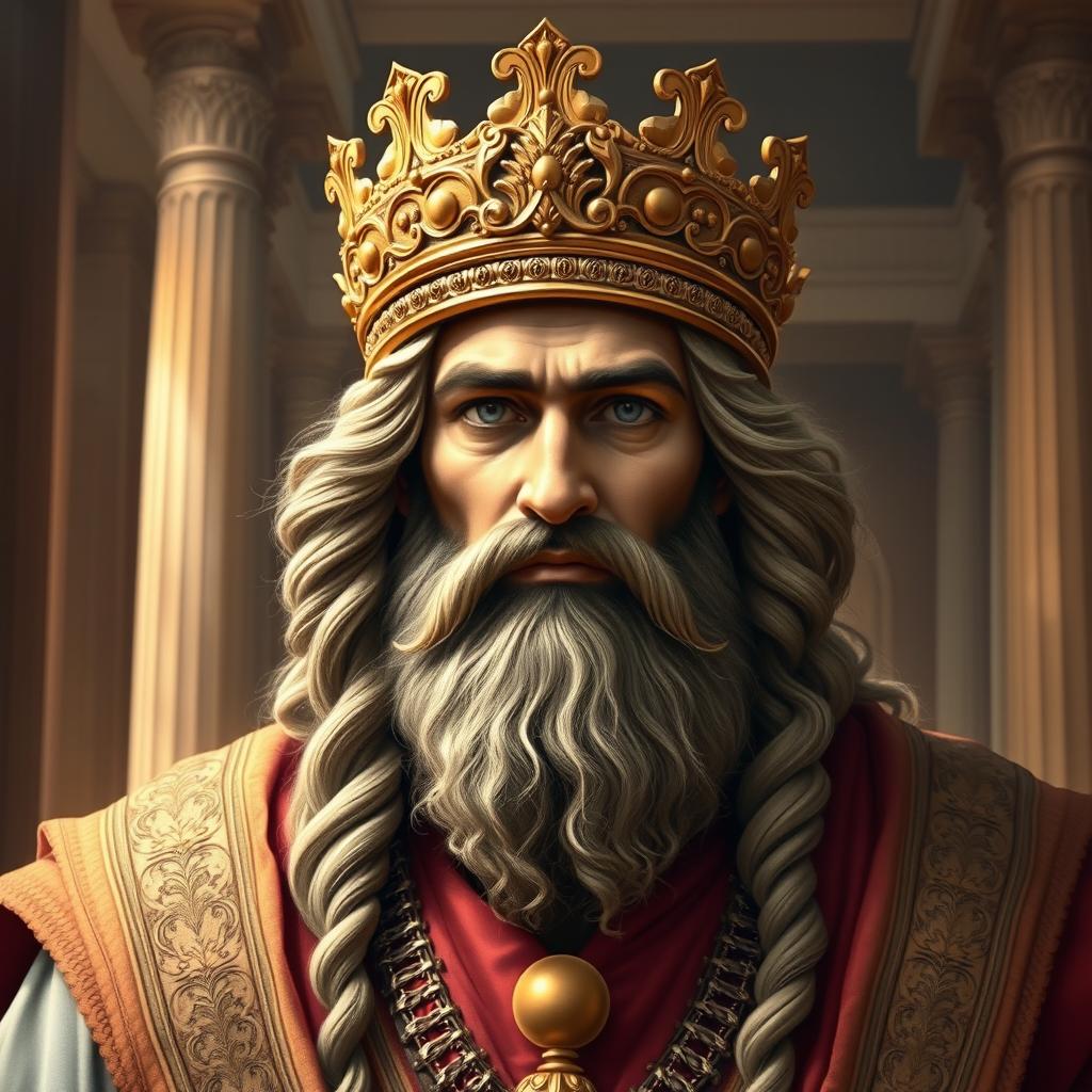 A striking portrait of Cyrus the Great, the legendary Persian king known for his wisdom and leadership