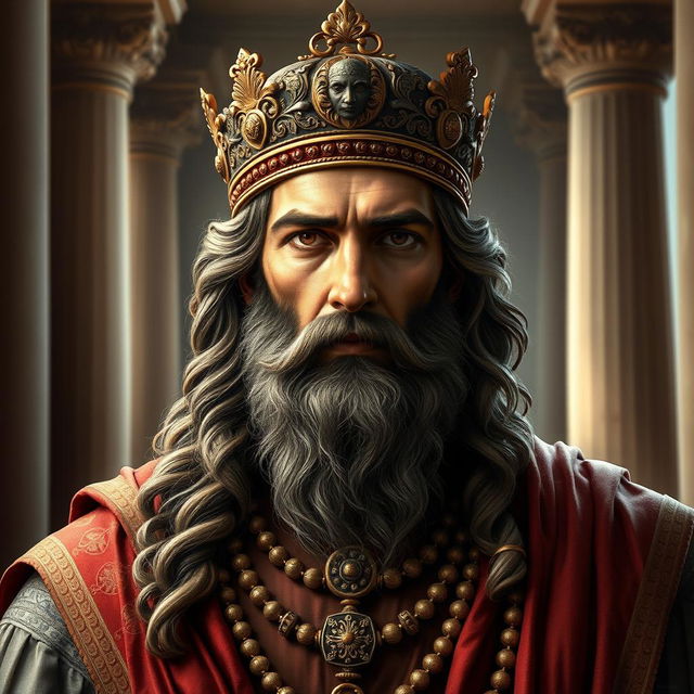 A striking portrait of Cyrus the Great, the legendary Persian king known for his wisdom and leadership