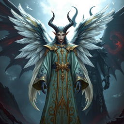 A strikingly unique tiefling character who embodies both angelic and diabolical qualities, featuring elegant, majestic horns and magnificent, feathered wings colored in a blend of white and dark hues
