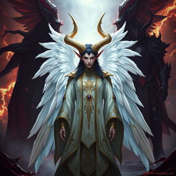 A strikingly unique tiefling character who embodies both angelic and diabolical qualities, featuring elegant, majestic horns and magnificent, feathered wings colored in a blend of white and dark hues
