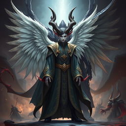 A strikingly unique tiefling character who embodies both angelic and diabolical qualities, featuring elegant, majestic horns and magnificent, feathered wings colored in a blend of white and dark hues
