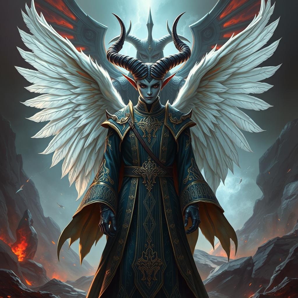 A strikingly unique tiefling character who embodies both angelic and diabolical qualities, featuring elegant, majestic horns and magnificent, feathered wings colored in a blend of white and dark hues