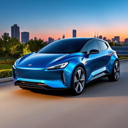 A sleek and futuristic electric vehicle (EV) design, showcasing an aerodynamic body with smooth curves and a glossy metallic finish
