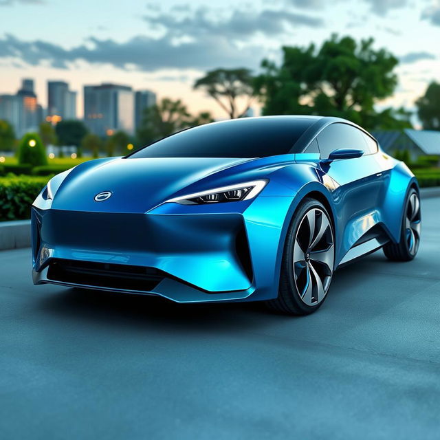 A sleek and futuristic electric vehicle (EV) design, showcasing an aerodynamic body with smooth curves and a glossy metallic finish