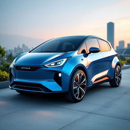 A sleek and futuristic electric vehicle (EV) design, showcasing an aerodynamic body with smooth curves and a glossy metallic finish
