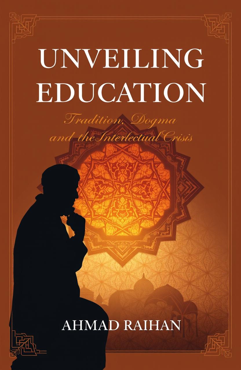 A striking book cover design for 'Unveiling Islamic Education: Tradition, Dogma, and the Intellectual Crisis' by AHMAD RAIHAN