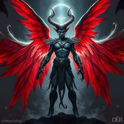 A striking Tiefling character depicted as both an angel and a lord of the nine hells, showcasing red wings that are majestic and grand