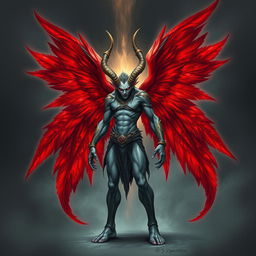 A striking Tiefling character depicted as both an angel and a lord of the nine hells, showcasing red wings that are majestic and grand