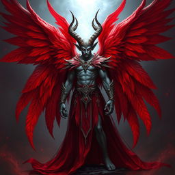 A striking Tiefling character depicted as both an angel and a lord of the nine hells, showcasing red wings that are majestic and grand