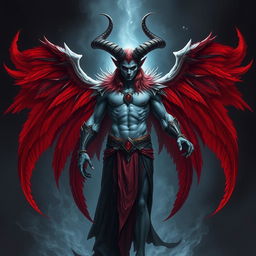 A striking Tiefling character depicted as both an angel and a lord of the nine hells, showcasing red wings that are majestic and grand