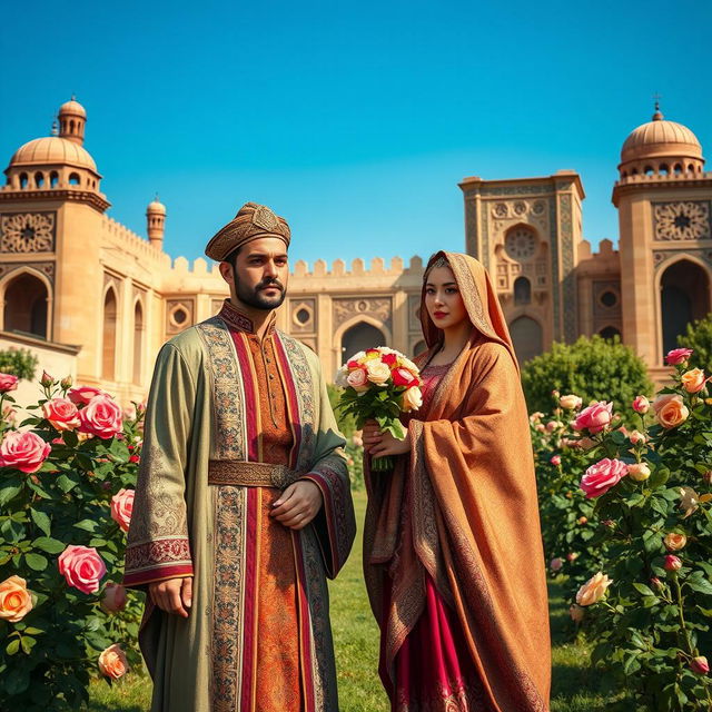 An ancient Iranian couple in traditional attire surrounded by an intricate backdrop of historical Persian architecture